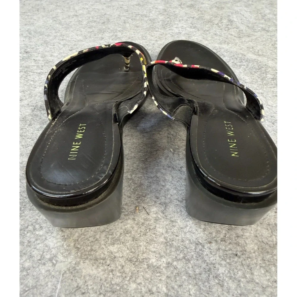Nine West Womens Multi Color Leopard Print Wedge Sandals Black‎ Platform Thong